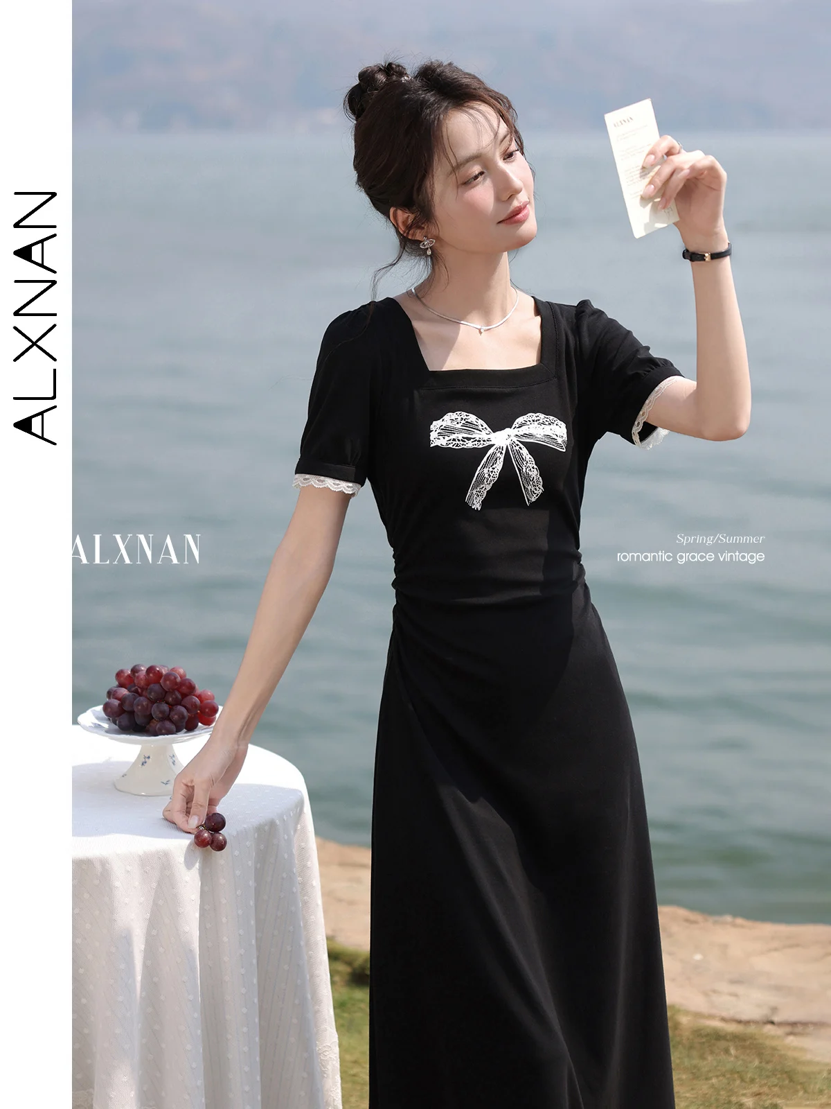 

ALXNAN Women's Black Dress 2025 Summer Long Elegant A-line Dress Holiday Party Chic Midi Lace Trimmed Hem Ladies Clothing L55515