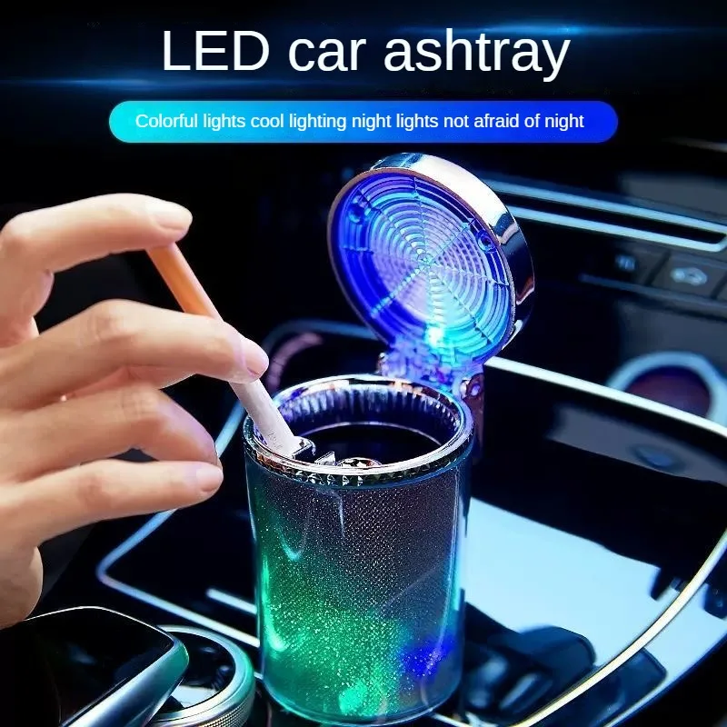 Car ashtray, hanging on car air outlet. Hanging car accessory with LED light. Ashtray with a cover and optional car logo on it. 