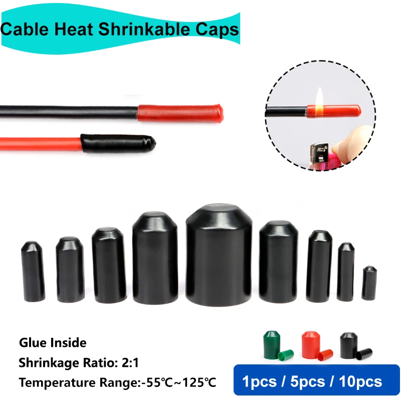 

1/5pcs 2:1 Heat Shrink Caps Dia. 8~130mm Adhesive Glue Lined PE Insulate Wire Wrap Cable Bottom Heat Shrinkable End Seal Caps