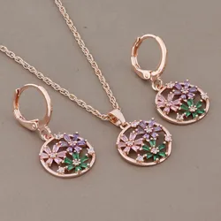 New Trendy 585 Rose Gold Color Round Earrings And Pendant Set 2023 Luxury High Quality Natural Zircon Jewelry Set
