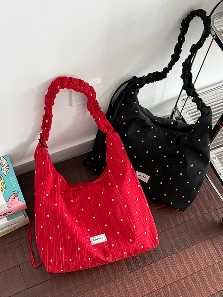 Red Polka Dot Canvas Tote Bag Casual Summer Shoulder Crossbody Bag for Commuting And Schooling Women's Versatile Handbag