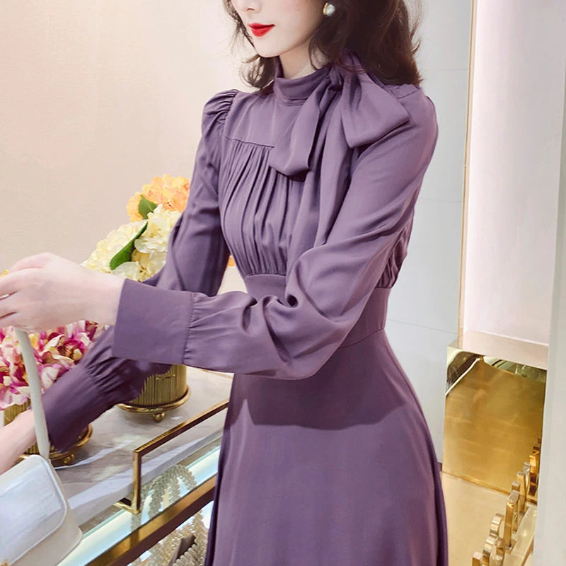 2024 Vintage French Style New Women Plated Purple Full Sleeve Dress , Woman Elegant Bow Dresses