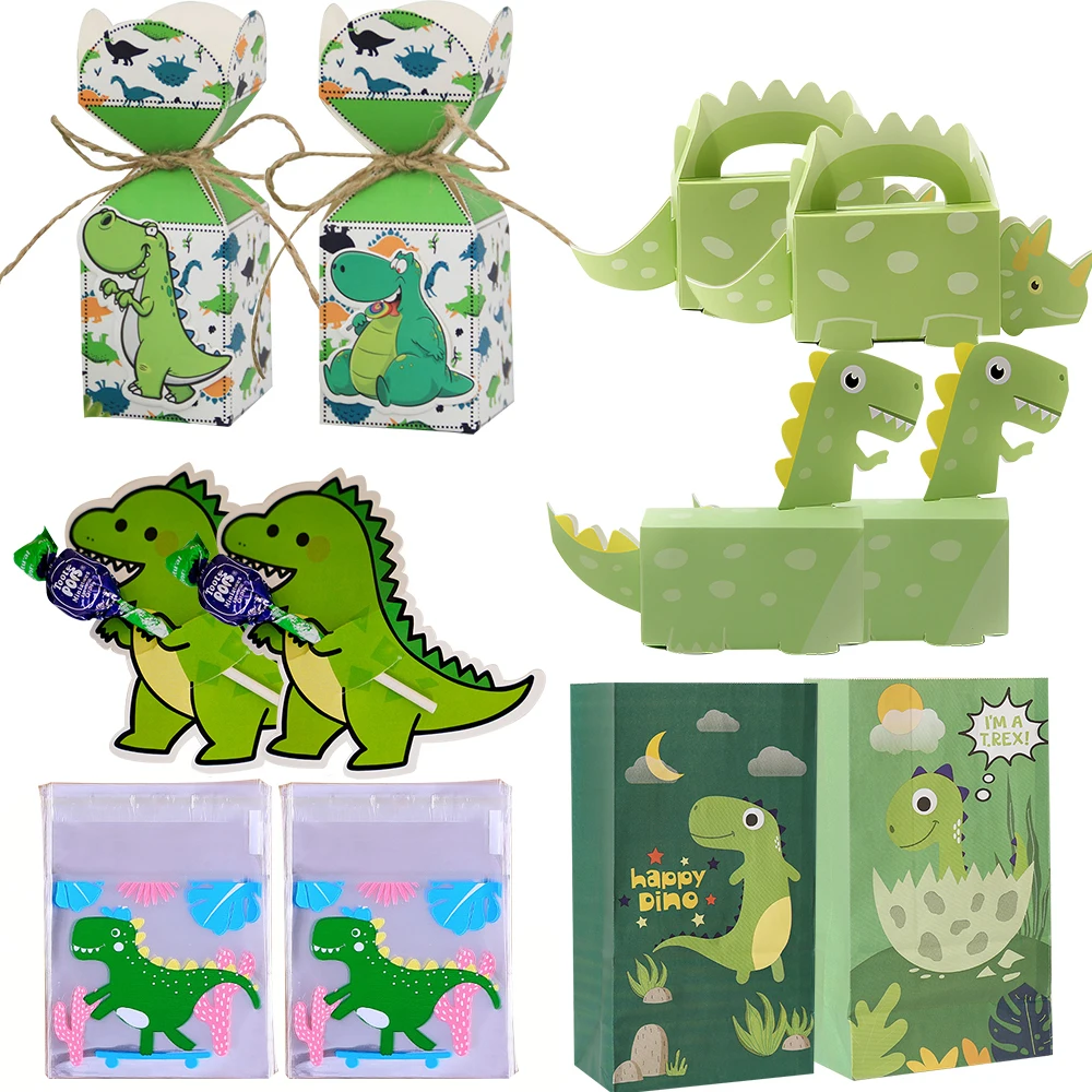 1set Dinosaur Candy Boxes Carton Cookie Bags Lollipop Holder Cards for Kids Dinosaur Birthday Party DIY Baking Packaging Supply