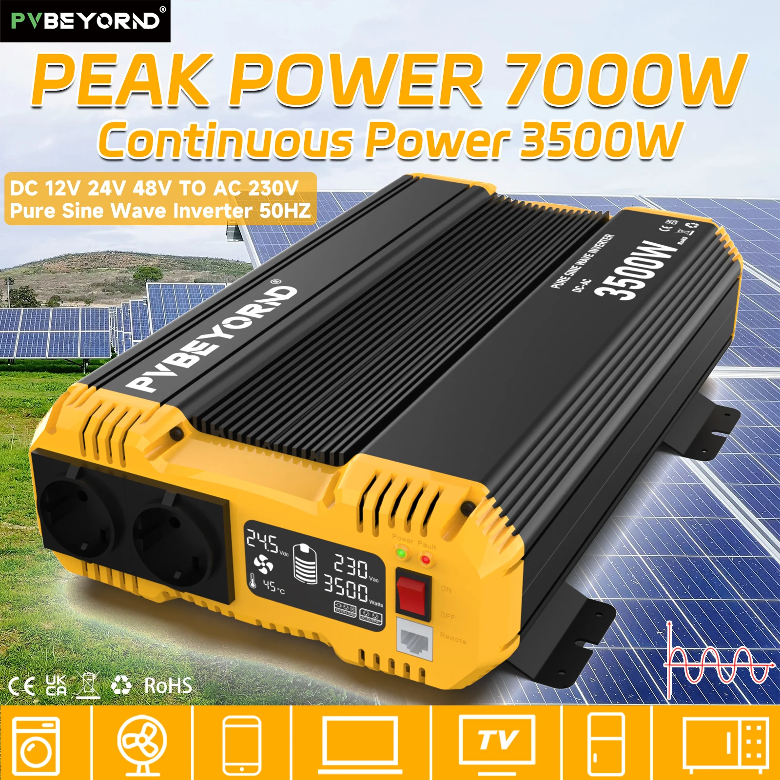 PVBEYORND Reiner Sinus-Wechselrichter, 7000W Wechselrichter, DC 12V 24V zu AC 220V 230V 50HZ, Sinus-Wechselrichter mit Dauerleistung 3500W, geeignet für Heim-Off-Grid- und Wohnmobil-Stromversorgung,
