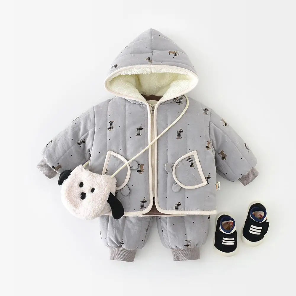 

Boys Cute Cartoon Hooded Fleece Coat + Pants 2pcs Suit Plus Velvet Thick Infant Outfits 2025 Winter New Baby Warm Clothes Set