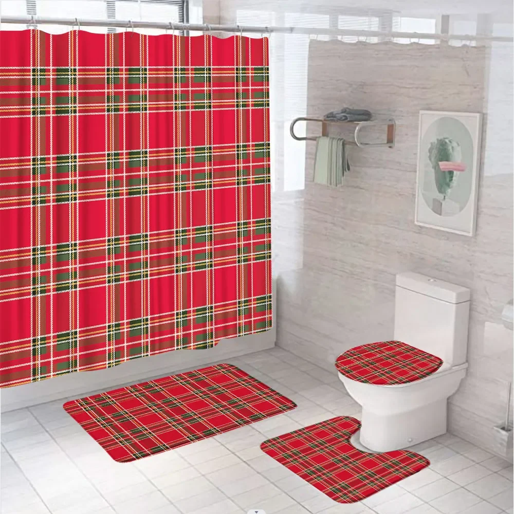 Christmas Snowflake Shower Curtain Set Red Black Buffalo Plaid Vintage Farmhouse Winter Bathroom Decor Bath Mat Rug Toilet Cover