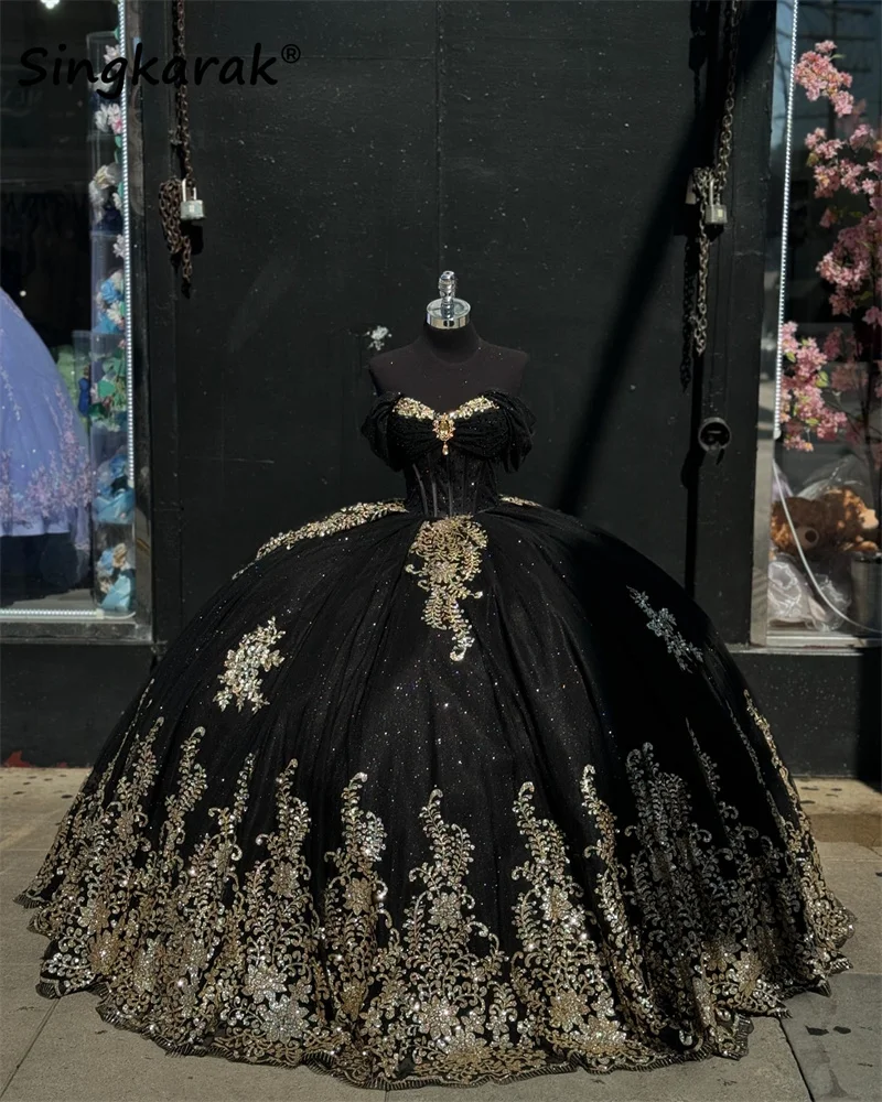 Princesa preta vestido de baile, vestido Quinceanera, arcos Lantejoulas Apliques, miçangas Cristais Strass, 15 anos