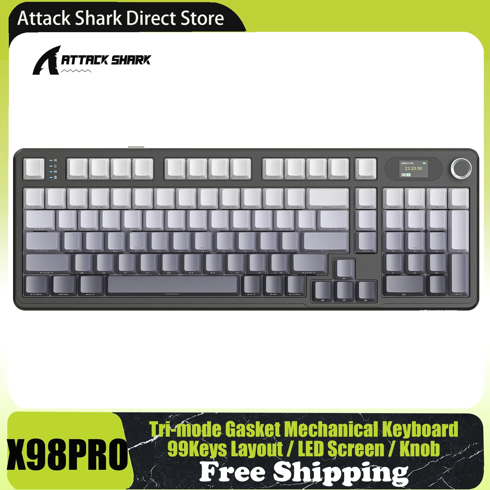 

ATTACK SHARK X98PRO Tri-mode Gasket Mechanical Keyboard with TFT Screen & Knob, 99Keys Layout, 5-Layer Foams, Hot-Swap, RGB