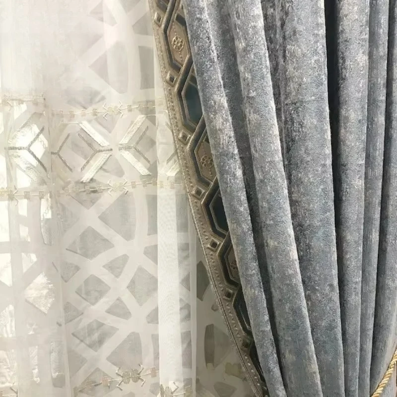 Modern High-precision Curtains for Living Room Dining Bedroom Custom Gray Blue Luxury Niche Custom Flannel Blackout Curtains