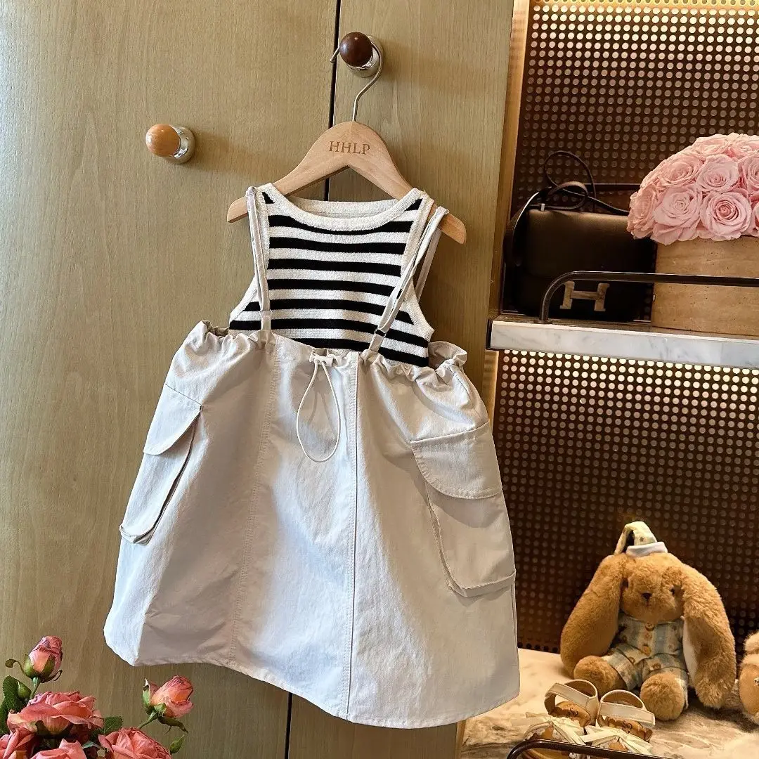 2026 Viral Hot Baby Girl Knit Striped Vest Quick Dry Sweet Cool Large Pocket Strapless Dress Set