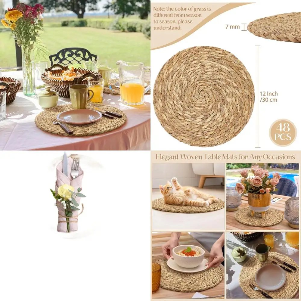 

Natural 12-Inch Woven Round Placemats, Set of 48, Bohemian Rattan Wicker for Rustic Farmhouse Dining & Kitchen Decor