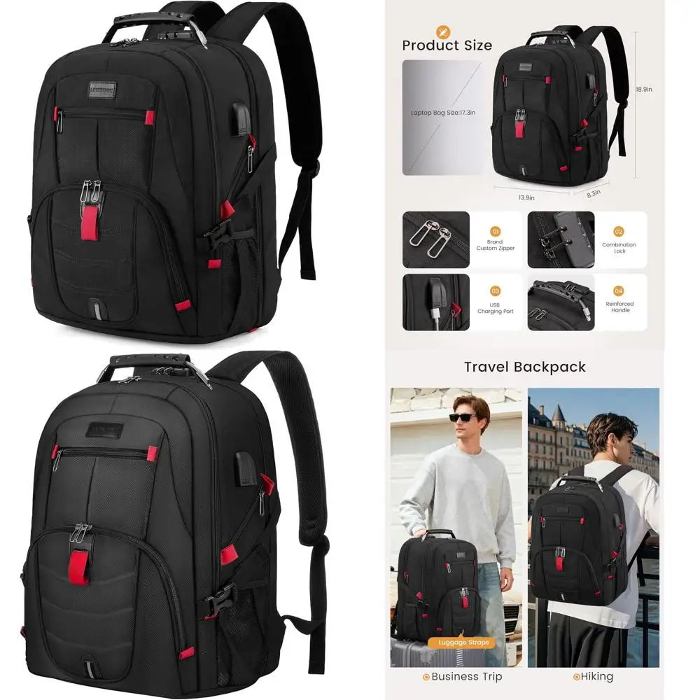 

Водонепроницаемый рюкзак для ноутбука 17 дюймов с замком и USB-портом для путешествий, подходит для больших компьютеров, унисекс