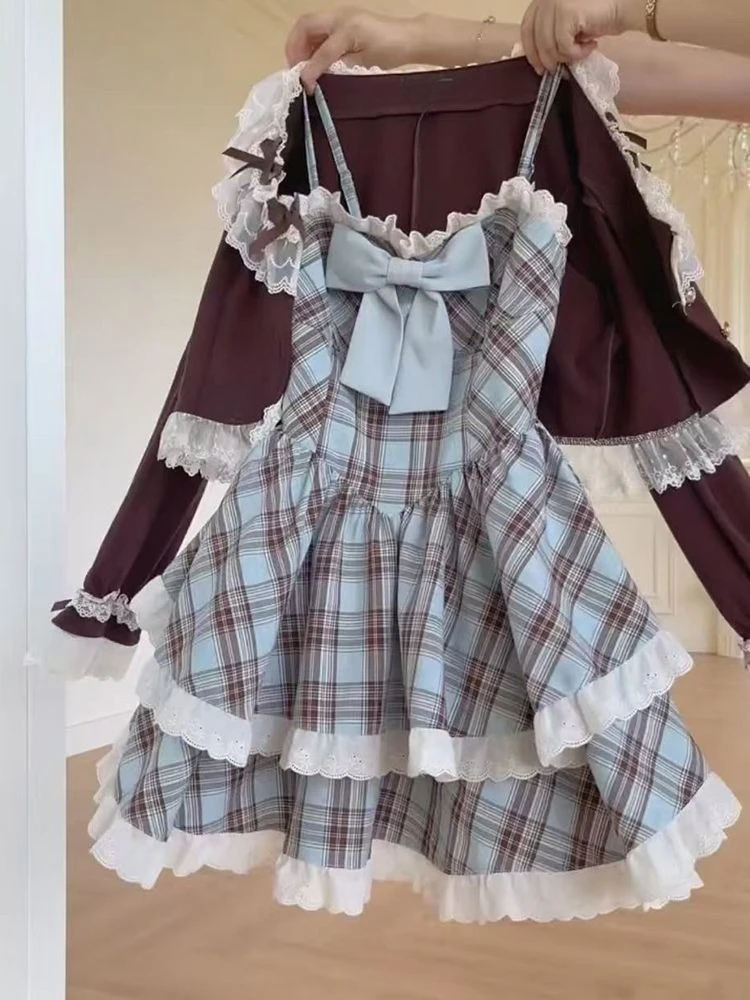 

Japanese Kawaii Skirt Sets Sweet Lace Patchwork Bow Tops Y2k Plaid Mini Skirts Lolita Style Fashion Cute Suit Outifits