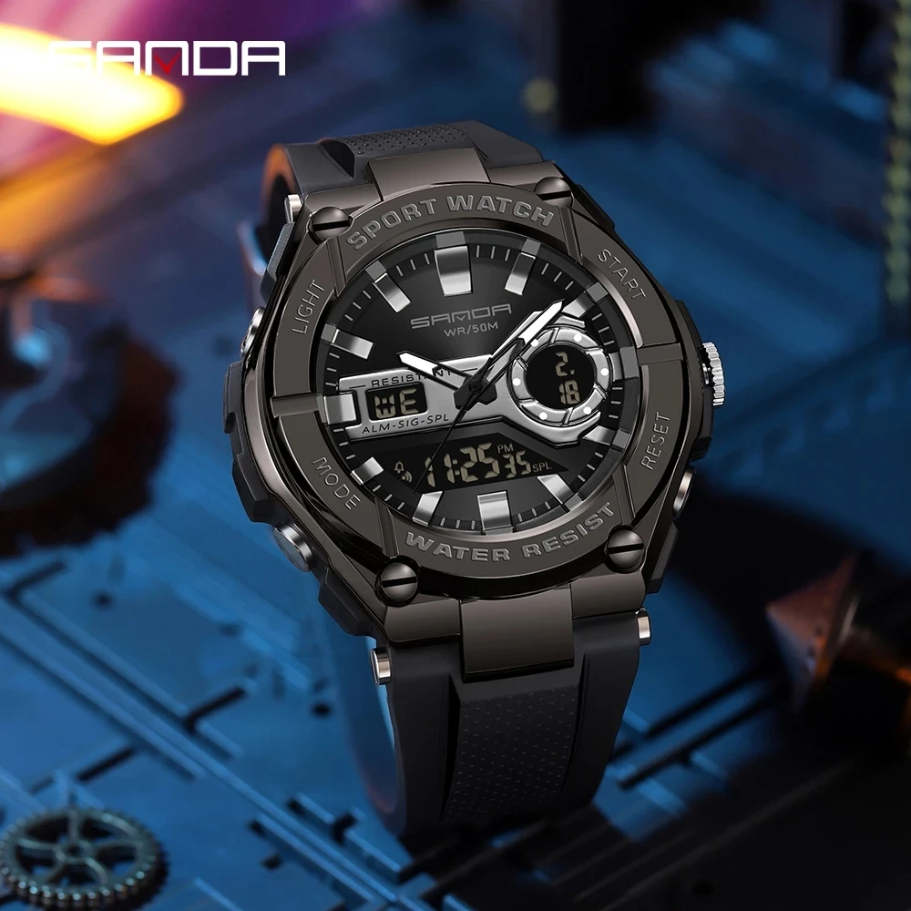 SANDA 2024 New Men\'s Watches 50M Waterproof Quartz Wristwatch Sport Military LED Digital Watch for Male Relogios Masculino 3123