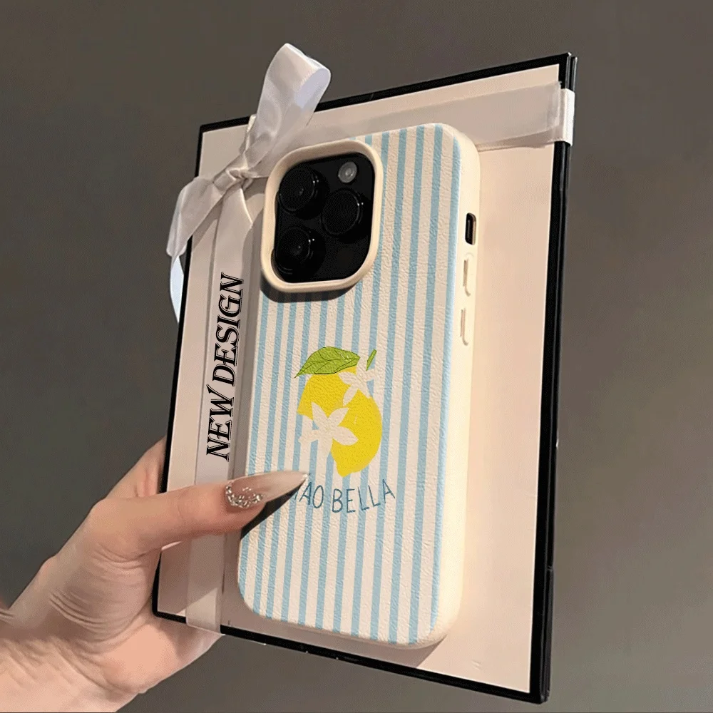 Koreanischer Stil Blaue Streifen Zitronen-Print Handyhülle für iPhone 17 16 15 14 13 12 11 Pro Max Plus 17 XR Silikon Matt Weiche Hülle – Detail 2