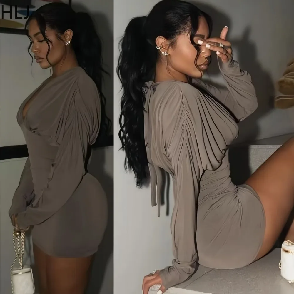 

HLJ Sexy Ruched Patchwork Bodycon Dresses Woman Solid Color Deep V-neck Long Sleeves Dress Female Streetwear Vestidos 2025 New