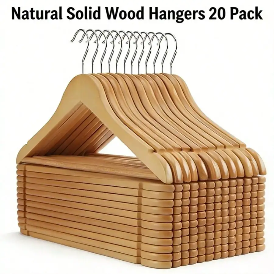 QNRXEB 30/20/10 Premium Natural Wooden Clothes Hangers, Polished Smooth Surface With Anti-Slip Grooves, Sturdy Durable Garment Hanger Pack For Wardrobe Organizing And Daily Clothes Hanging, Suitable For All Adult And Children Outfits