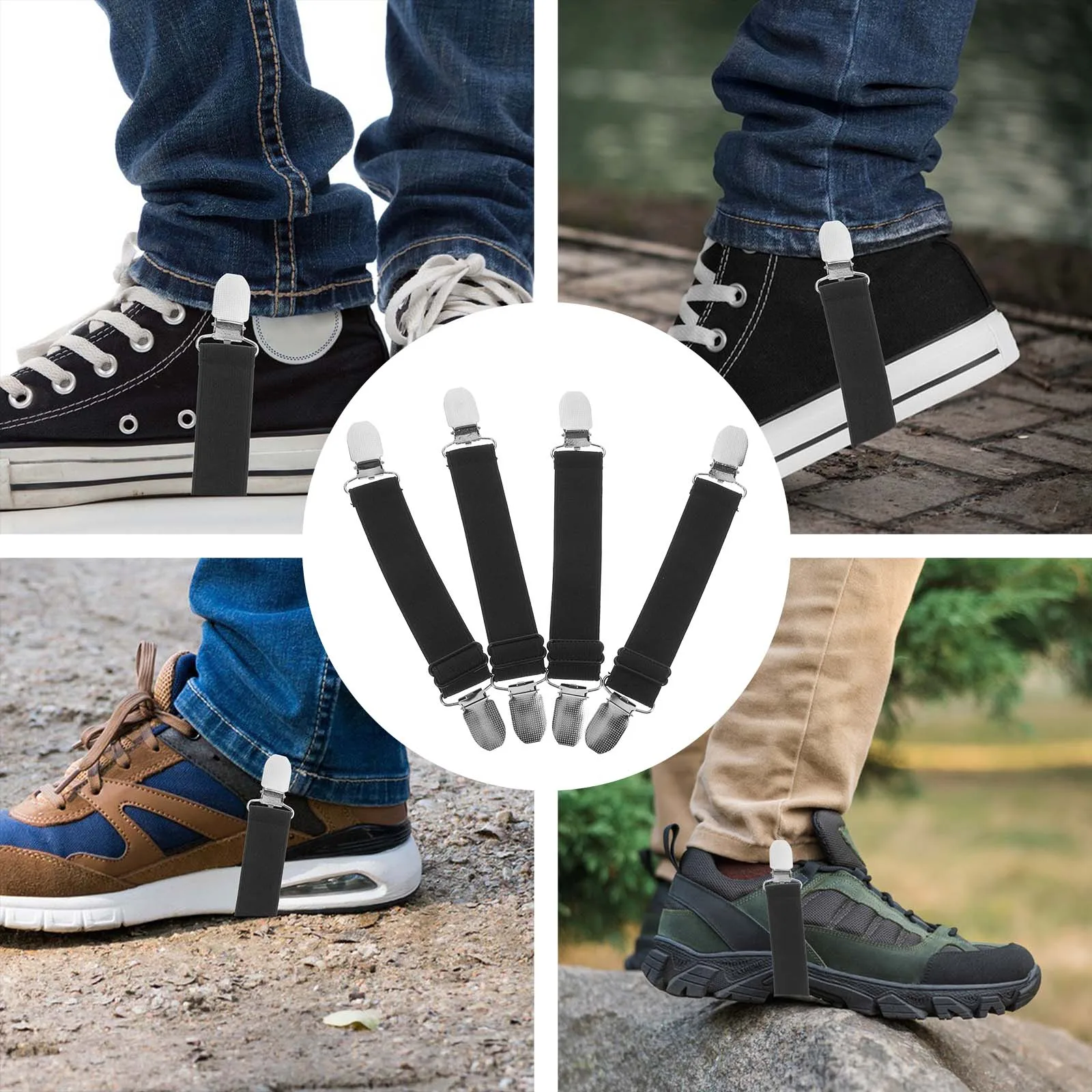

4pcs Trouser Clips Elastic Keeper Fixing Straps Boot Stirrups Adjustable Fasteners Windproof Metal Bands Pant Holders For
