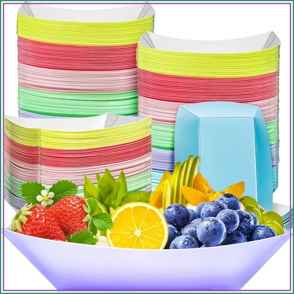 100 Pack 3LB Kraft Paper Food Boat Trays, 6 Pastel Colors, 8x5x2 Inches, Disposable, Oil & Grease Resistant, for Snacks, BBQ, Parties