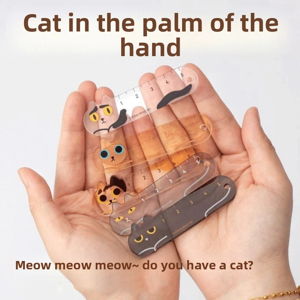 Cute Cat Mini Ruler Keychain Multi-functional Ruler Pendant Charm Acrylic Keychain Personalized Adorable Style Cartoon Keychain