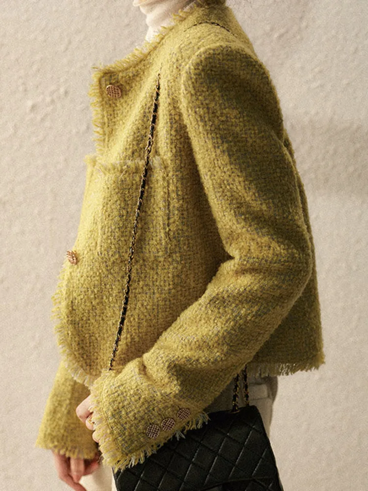 Fall Winter French High Quality Women's Breasted Luxury Tweed Jacket Yellow Elegant Pocket Small Fragrant Outwear Women Clothes