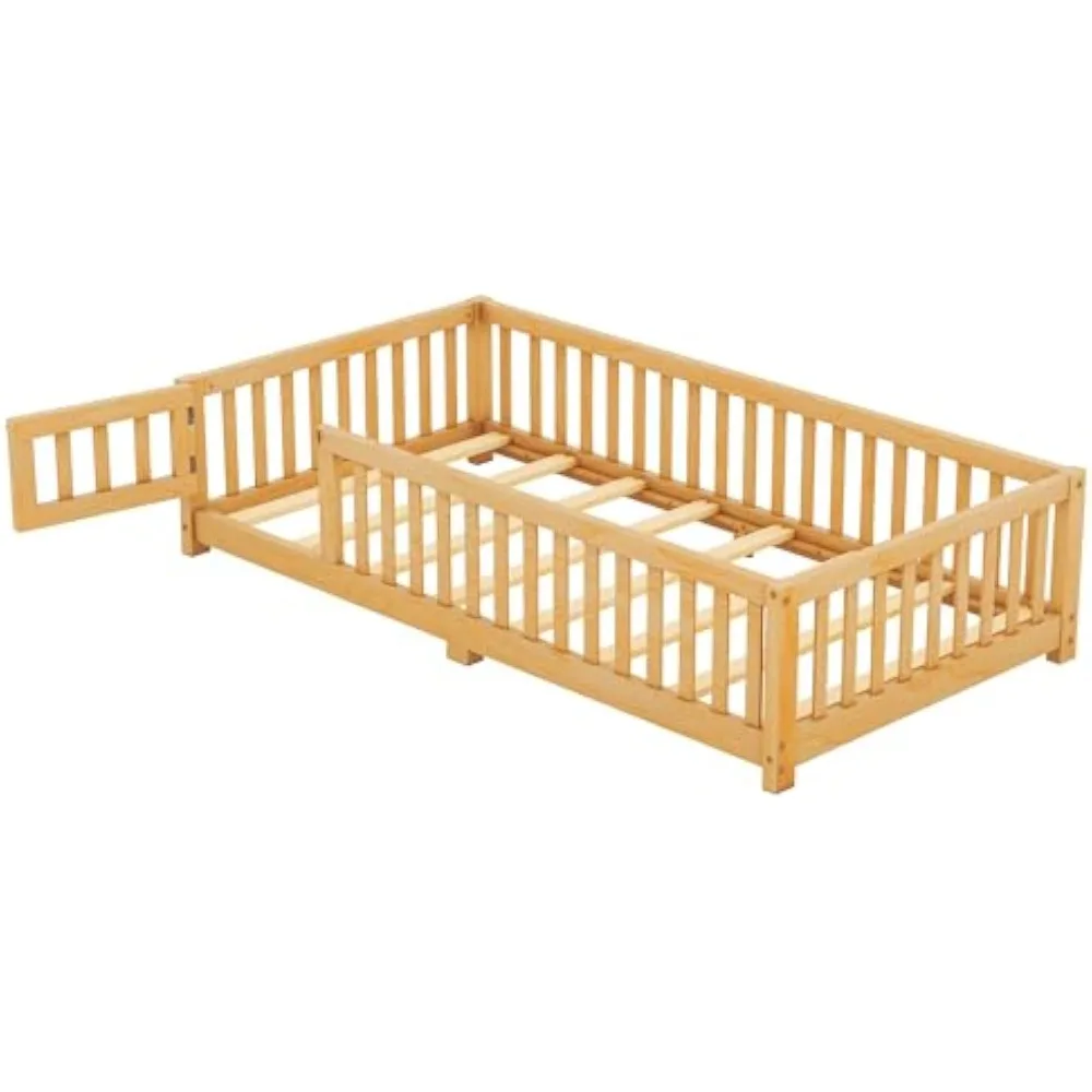 Twin Natural Floor Bed with Slats and Center Support Bar, Kids Montessori Bed with Fence and Door