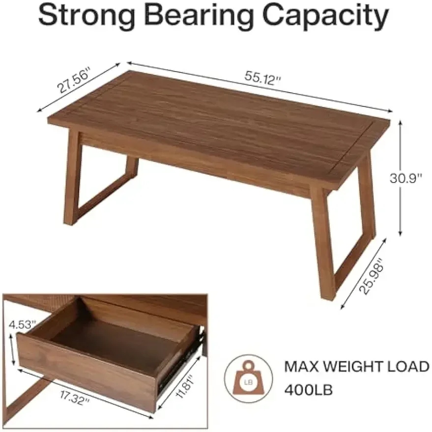 Home Office Executive Desk: 55 Inches Solid Wood Computer Desk with Drawer, Mid-Century Modern Study Writing Table