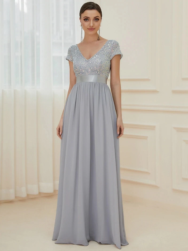 Abiti da sera eleganti abito lungo con paillettes in Chiffon con scollo A v A maniche corte 2024 mai abbastanza semplice abito da donna da ballo