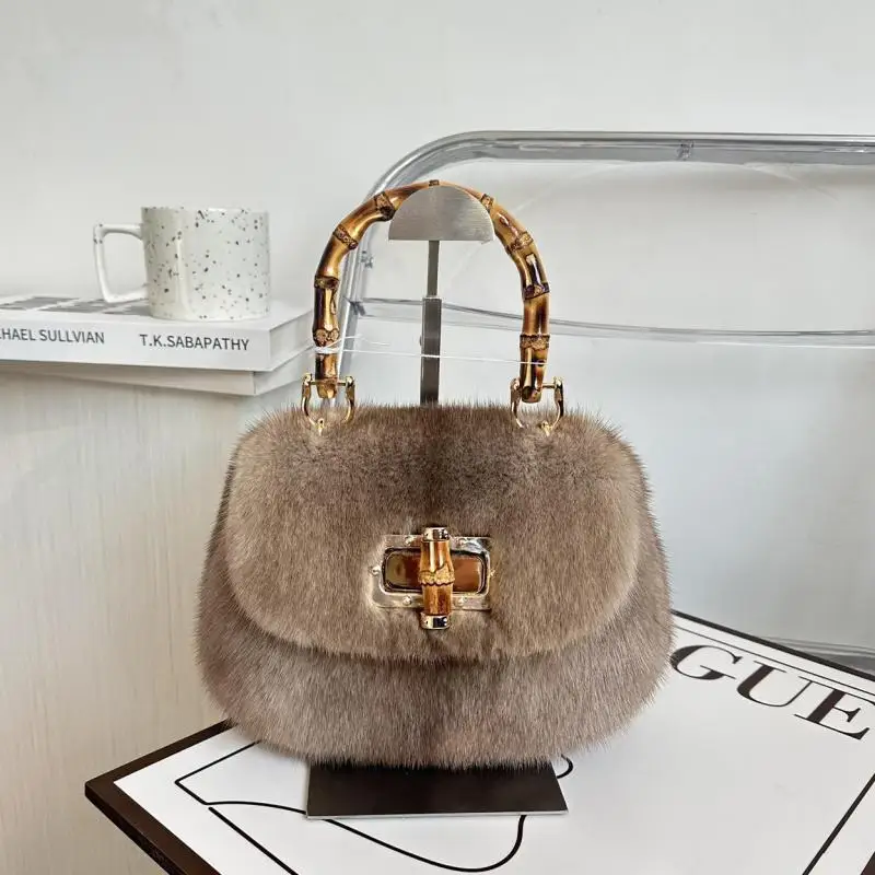 Light Luxury Fashion Imported Mink Hair Whole Skin Bamboo Bag Custom Aristocratic Brand Single Shoulder Crossbody Bag For Women