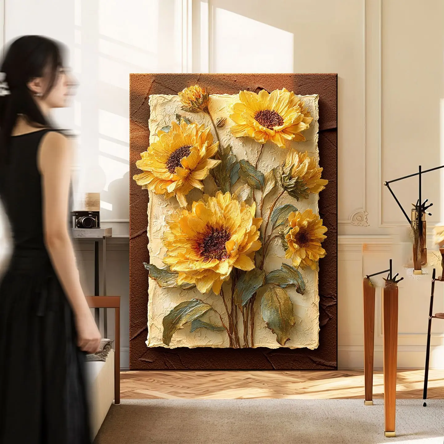 French sunflower sofa background wall hanging painting entrance porch floor-to-ceiling mural