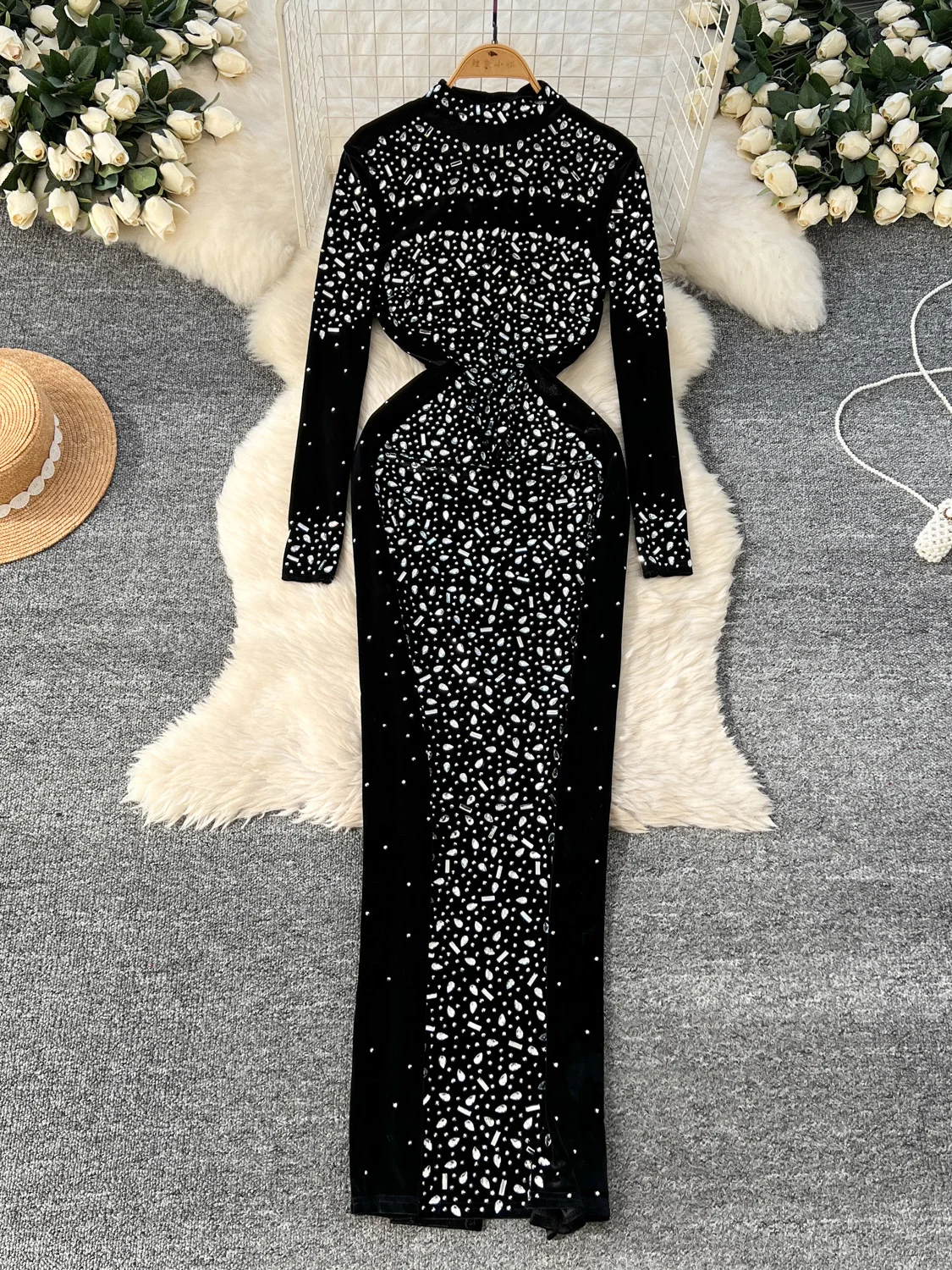 Autumn Winter Burgundy/Black Diamonds Patchwork Velvet Party Long Dress Elegant Stand Collar High Waist Slim Evening Vestido New