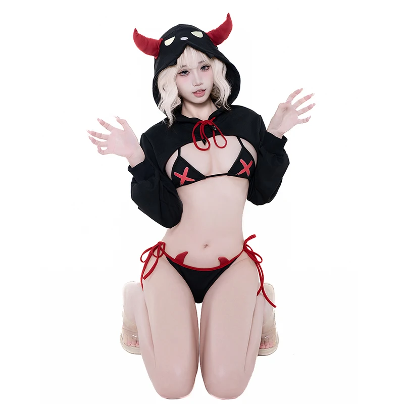 SENMHS 2025 juego de anime Demon Kingdom Devil pequeño disfraz de Cosplay conjunto de elfo uniforme de Halloween capa de cuerno con capucha ropa interior de Bikini