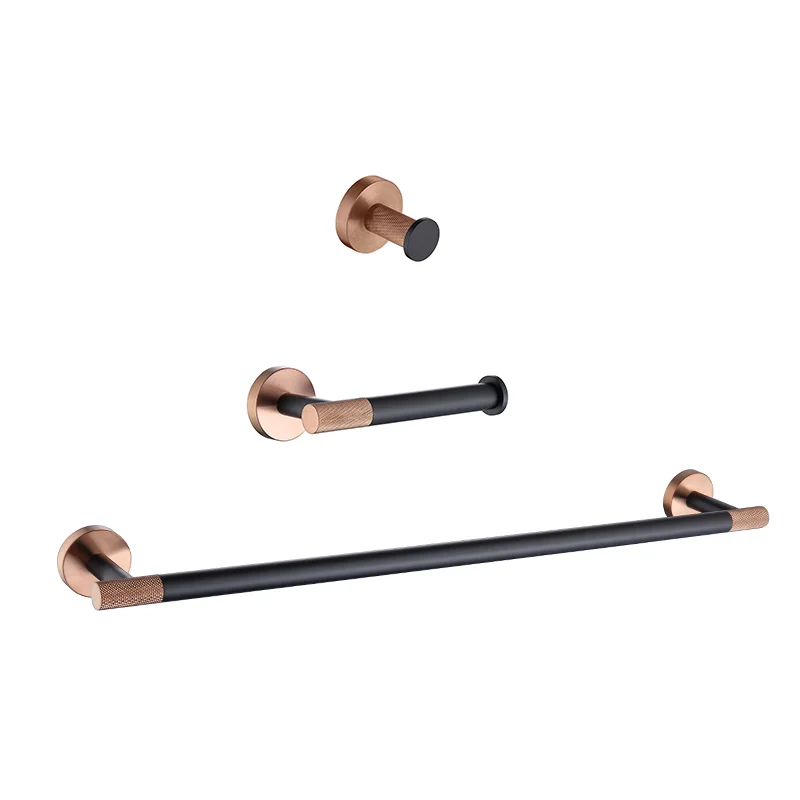 Rose Gold + Matte Black Bathroom Accessories Bathrobe Hook Paper Towel Holder Towel Bar Set