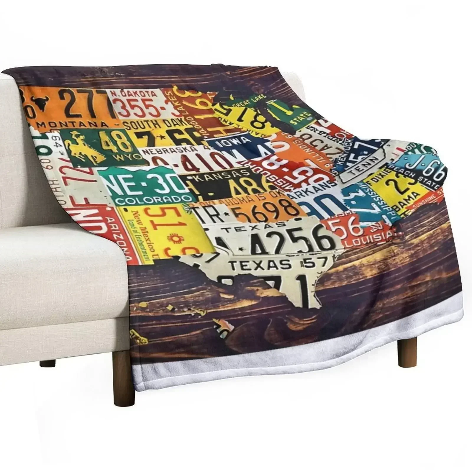 United State of America License Plate Map Throw Blanket Multi Use Warm Blanket for Living Room Bedroom