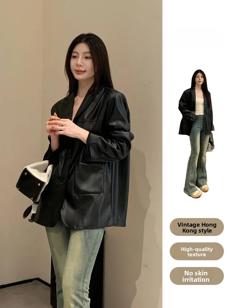 

Bla Leather Jaet Women's Casual oulder Retro Cool Loose Fit Autumn Winter New Sle Simple High-End Feelings Regular Le...