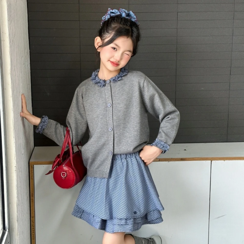 

Korean version Fashion New Teen Girls Clothes Gray Long Sleeved Cardigan+Short Skirt 2-piece Set Solid Color Children's Clothing