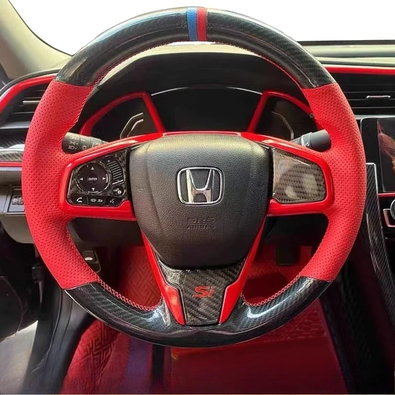 

Для Honda Civic 10 CR-V CRV 2017-2021 Clarity 2018-2021 прошитый вручную красный чехол на руль из натуральной кожи из углеродного волокна