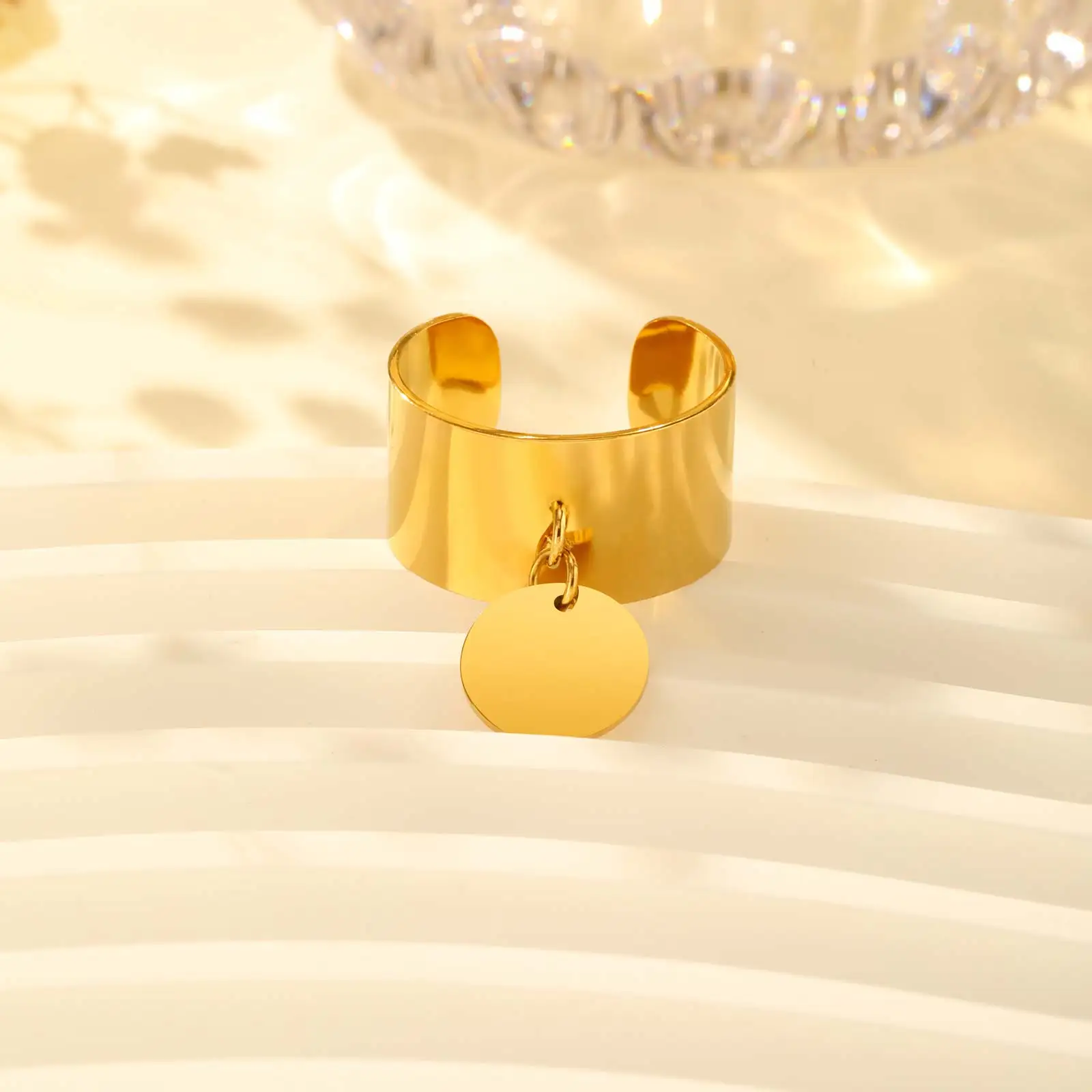 حلقة افتتاحية دائرية الشكل للنساء، خواتم مقاومة للماء من الفولاذ المقاوم للصدأ باللون الذهبي، هدايا مجوهرات مصقولة عالية #3