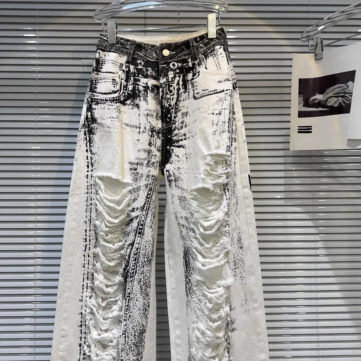 デザインセンス夏新作アメリカンスパイスガールプリント柄カットホールフライドストリートワイドレッグジーンズレディース