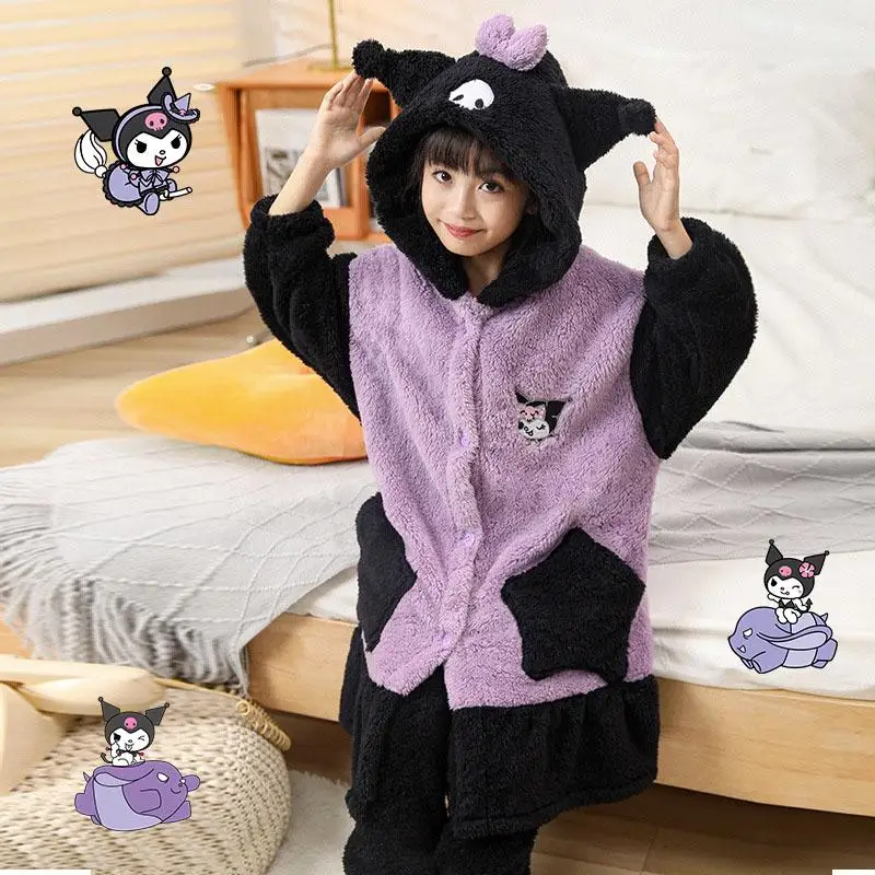 Sanrioed Kuromi-pijamas gruesos de lana de Coral para niñas, ropa de dormir de dibujos animados Cinnamoroll, bata térmica para niños, ropa de casa para niños, Invierno