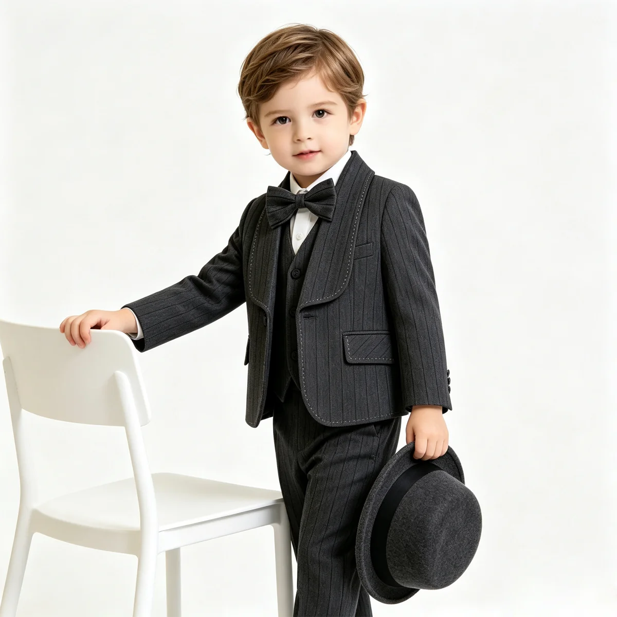 Boy Grey Striped Suit 3PCS Blazer Vest Pants Bow Tie Kids Wedding Tuxedo Flower Boy Outfit Piano Host Formal Gentleman Costume