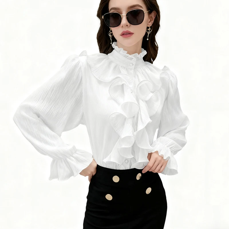 Colletto alla coreana elegante camicia in chiffon di pizzo increspato nuove donne allentate soffio manica lunga camicetta di chiffon primavera dolce top vestiti 12946