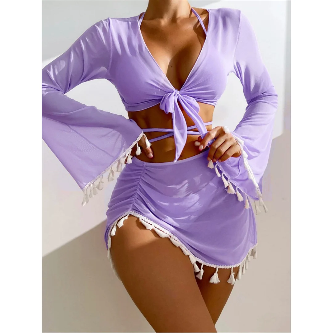 S - XL, mit Fransenrock, langärmeliges Bikini-Set für Damen, Badebekleidung, vierteiliges Bikini-Set, Badeanzug, Badebekleidung, Modell V7060. – Detail 29