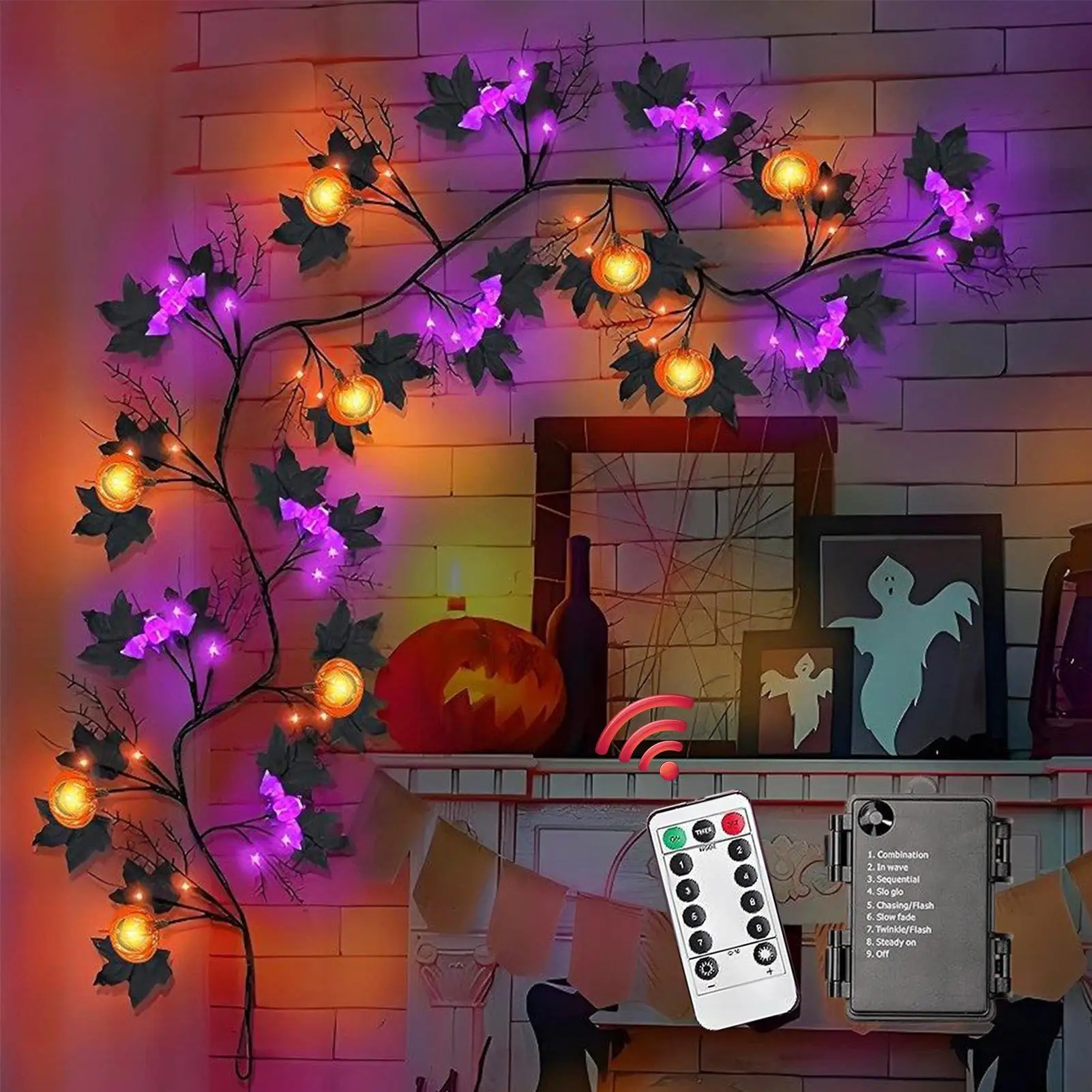 

Halloween Lights Halloween Garland with Orange Pumpkin Bat Lights 8-Modes Battery Operated Waterproof Decorations for Indoor