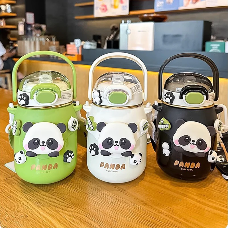 SUS316 Thermos Cup Straw Water Bottle Cup Cute Panda Drinking Bottle with Adjustable Shoulder Strap Handle For Children 700ml