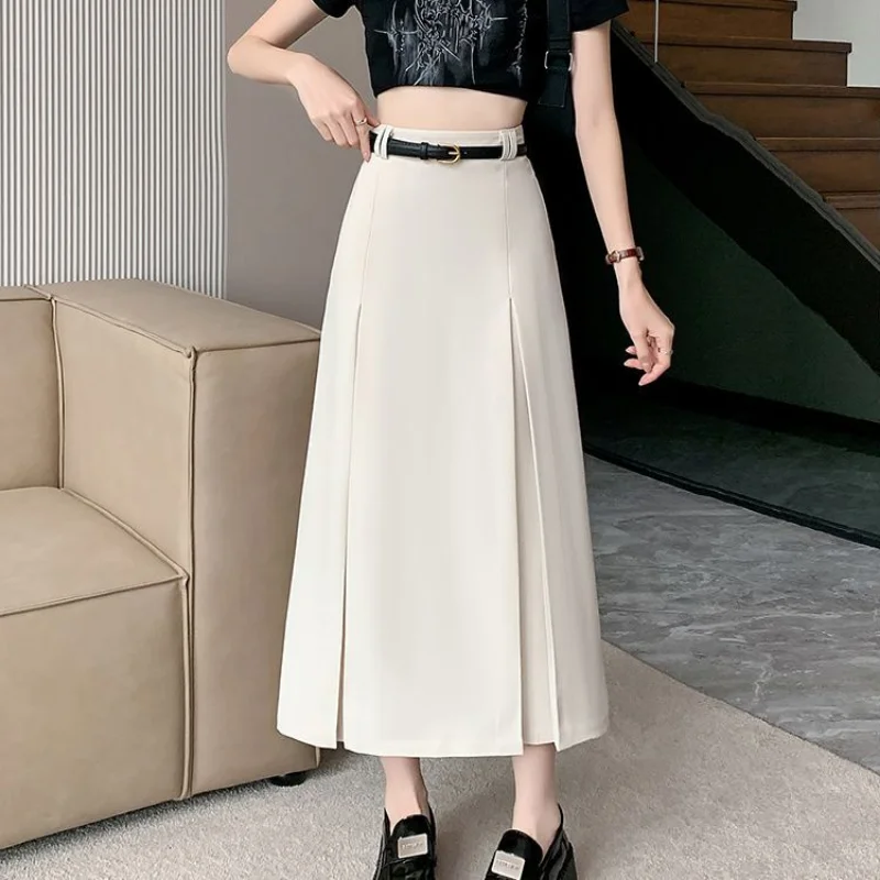 

Summer High Waist Slimming A-Line Midi Skirt Versatile Pencil Skirt With Pleats