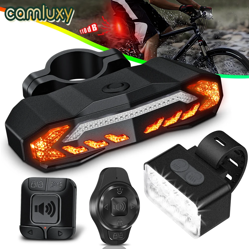 camluxy conjunto de luz traseira de bicicleta e 1200 lumens farol ultra brilhante e luz traseira sinais de seta com alarme 110db 01