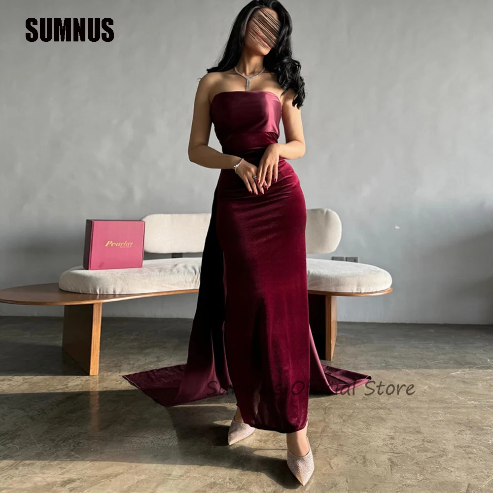 

SUMNUS Elegant Maroon Mermaid Velvet Evening Dresses Simple Wine Red Strapless Formal Party Prom Gowns Arabic Vestido de noche