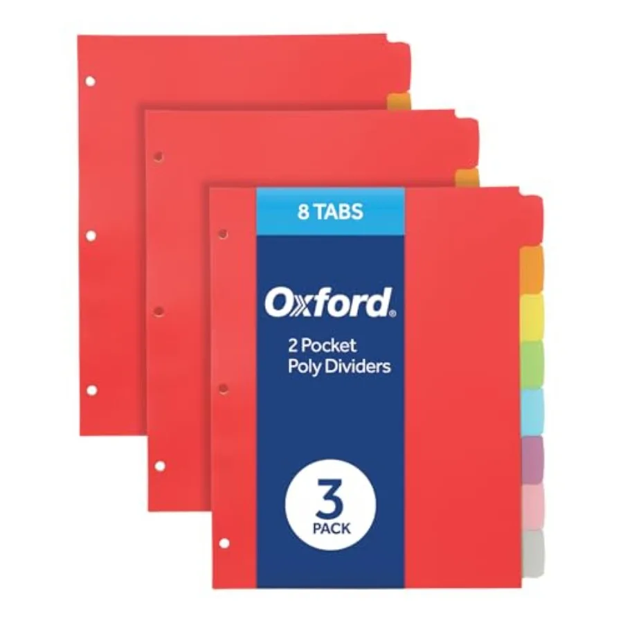 

Poly Binder Dividers, 3 Hole Punch Organizers, Assorted Colors, 8 Tab Write and Erase Organizers, Durable Plastic Dividers for