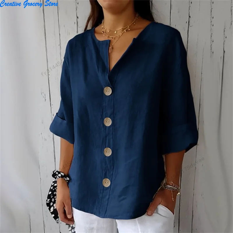 

Summer Loose Shirt Women's V-Neck Cotton Linen Button Top Casual Shirts Solid Fashion Elegant Office Womens Clothing 2025 Blouse